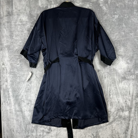 NWT Linea Donatella Women's Large Corinne Satin Navy Wrap Robe Bisque - Picture 3 of 6